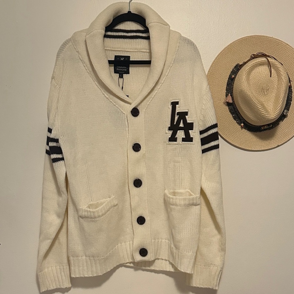 Men's Cream Cardigan Sweater with Black Accents